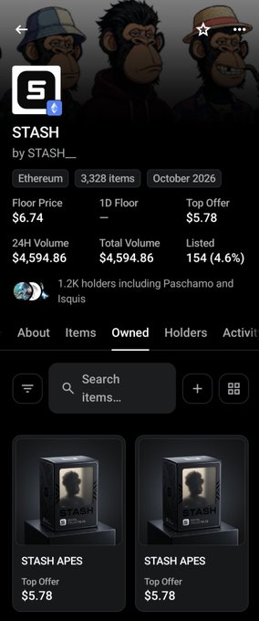 A screenshot of the Stashapes NFT collection page on Ethereum (via Stash), showing a floor price of $6.74 and 1D floor of $5.78, alongside the STASH APES items the poster is highlighting as a top performer with free mints beating paid collections. The image backs up the post's claim about the collection gaining momentum and potential for higher valuation.