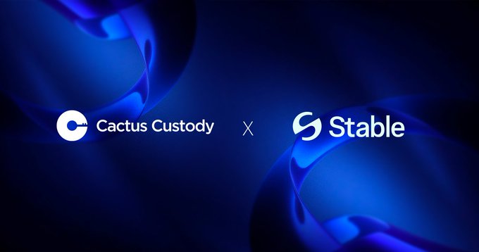 The image depicts a partnership between Cactus Custody and Stable, announcing institutional-grade custody for Stable. This collaboration aims to enhance secure storage, management, and transactions for supported assets on StableChain through Cactus Custody's infrastructure.