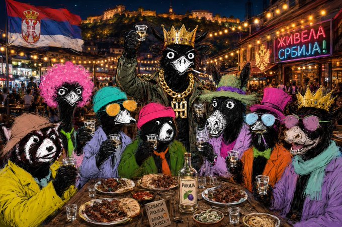 An AI-generated illustration of anthropomorphic animals wearing colorful outfits, crowns, and sunglasses at a banquet, with a Serbian flag and neon sign reading 'ЖИВЕЛА СРБИЈА!' (Long Live Serbia!) in the background.