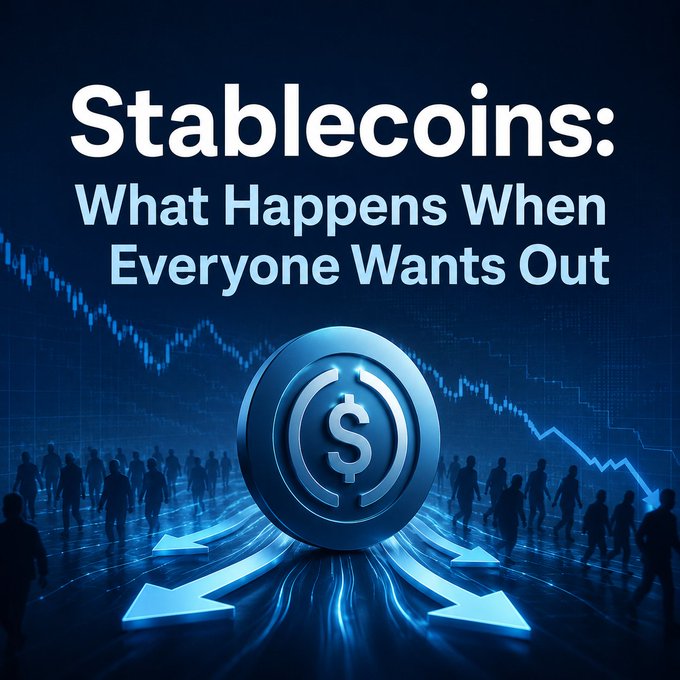 A graphic with the headline 'Stablecoins: What Happens When Everyone Wants Out', showing a large coin with a dollar sign, downward-trending arrows, and silhouettes of people against a blue background.