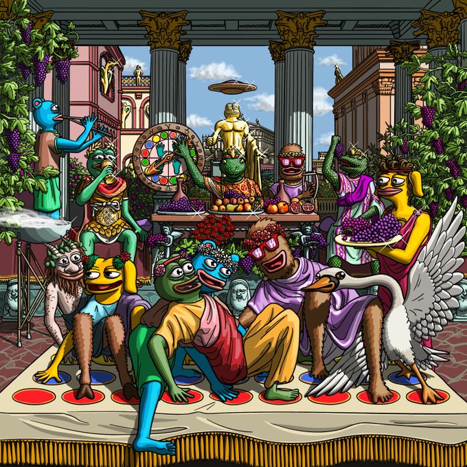 urns of gold and purple, grapevines, and a statue of a man with a crown are present on the stage, accompanied by cartoon characters.