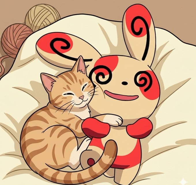 An illustration of a smiling orange tabby cat cuddling with a cute beige bunny-like creature featuring red spiral markings on its ears and cheeks, with yarn balls in the background.