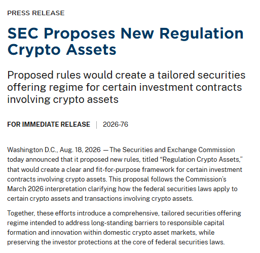 An SEC press release headlined 'SEC Proposes New Regulation Crypto Assets' dated August 18, 2026, announcing proposed rules to create a tailored securities offering regime for crypto assets.