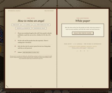 The image shows an open book's pages styled as a guided reading experience, with the left page titled "How to mine an angel" (showing four numbered steps and the URL "inferenceangels.com"), and the right page titled "The White paper" (promising bonus content "IF YOU SOLVE THE PUZZLE FIRST"). The image relates to the post by illustrating the multi-step process of solving a puzzle and waiting 12 minutes to mint from the Inference Angels NFT collection on OpenSea.