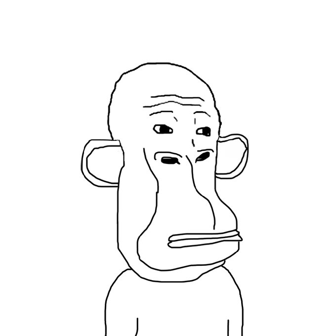 A crude black-and-white line drawing of a bald, ape-like face with exaggerated ears, prominent lips, and a long chin.