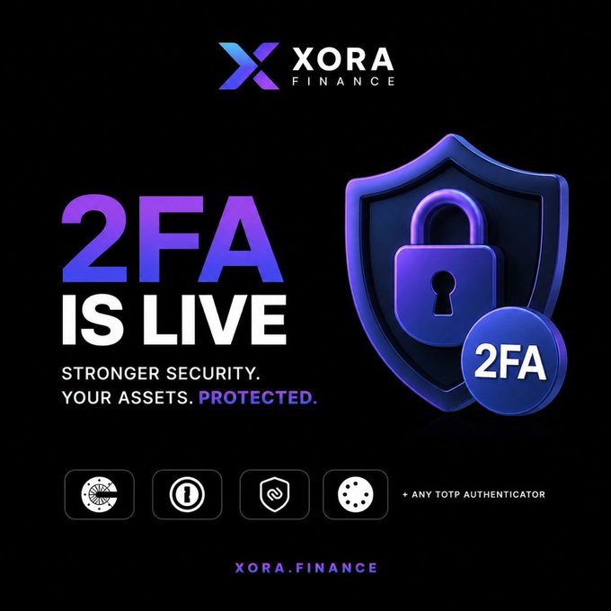 Promotional graphic from XORA Finance announcing that '2FA IS LIVE' for stronger security and asset protection, compatible with any TOTP authenticator.