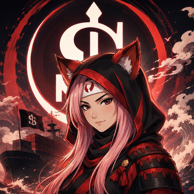An anime-style illustration shows a pink-haired fox-eared character in a red hood and samurai-style armor, with a pirate ship flying a dollar sign flag in the background and a stylized symbol overhead.