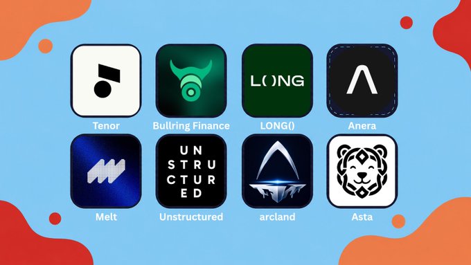 A graphic displaying eight app icons in a grid labeled Tenor, Bullring Finance, LONG(), Anera, Melt, Unstructured, arcland, and Asta on a blue and orange background.