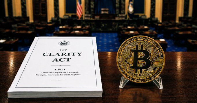 A copy of "The CLARITY Act: A Bill to establish a regulatory framework for digital assets and for other purposes" sits on a wooden table next to a golden Bitcoin coin on a stand, set against the backdrop of a legislative chamber with American flags. The image visually represents the post's hypothetical scenario, illustrating how passage of the CLARITY Act could potentially impact Bitcoin markets, especially given that crypto treasuries currently hold just 6% of Bitcoin's total supply.