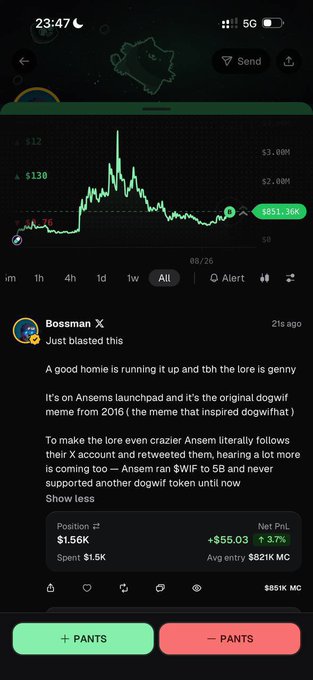 A mobile screenshot shows a meme coin chart on a 1-week timeframe with a post by Bossman X about a dogwif meme token, displaying a $1.56K position up $55.03 (3.7%).