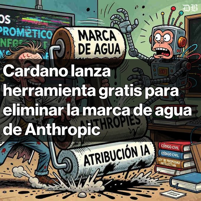 An illustrated graphic with Spanish text reading "Cardano lanza herramienta gratis para eliminar la marca de agua de Anthropic" (Cardano launches free tool to remove Anthropic watermark), showing a cartoon figure using a watermarked roller next to a robot, labeled "ANTHROPIES" and "ATRIBUCIÓN IA."