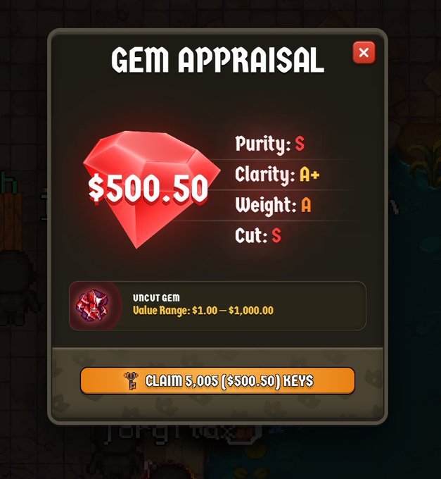 The image shows a "GEM APPRAISAL" screen displaying a red uncut gem valued at $500.50, with stats including Purity S, Clarity A+, Weight A, and Cut S, offering the option to claim 5,005 ($500.50) keys. This relates to the post about Cambria's fishing RTP mechanic, where players earn gems through in-game fishing activities to accumulate points ahead of the upcoming August TGE.