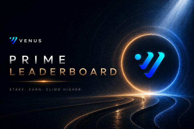 A dark promotional graphic for 'VENUS PRIME LEADERBOARD' featuring the tagline 'STAKE. EARN. CLIMB HIGHER.' alongside the Venus logo and a glowing circular portal design.
