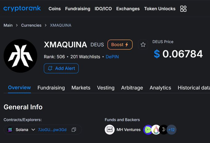 The image shows a screenshot of a webpage with information about the cryptocurrency XMaquina. The title "XMaquina Deus" is displayed at the top, along with its value as $0.6848. There are also details about other cryptocurrencies and mentions of trading on the XMaquina page. The text in the image appears to be related to a post or discussion involving XMaquina, and it features an overlay of a quote about dex investing by @xmaquina and the link to their quote.