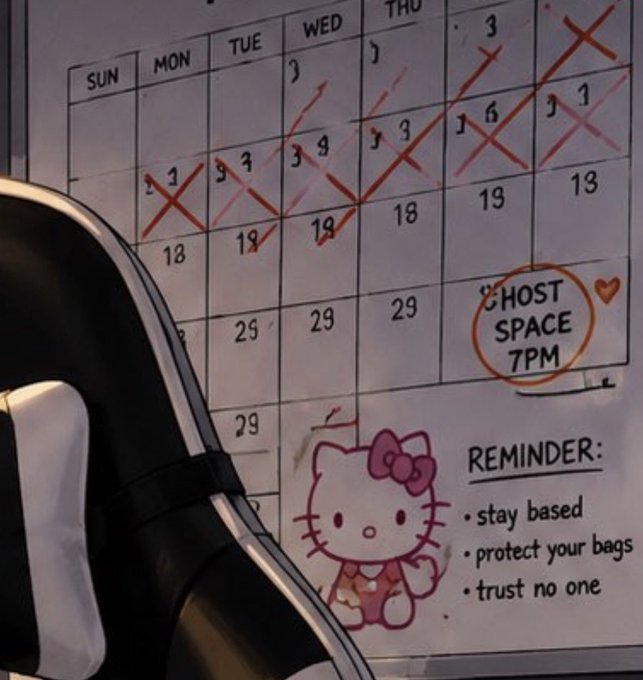 A whiteboard calendar marked with red X's, featuring a Hello Kitty drawing and notes including 'GHOST SPACE 7PM' and 'REMINDER: stay based, protect your bags, trust no one'.