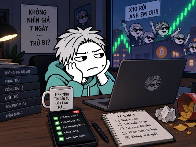 An anime-style illustration shows a frustrated character at a desk with Vietnamese text, including a note saying 'KHÔNG NHÌN GIÁ 7 NGÀY ... THƯ ĐI?' and a screen declaring 'X10 RỒI ANH EM ƠI!!!'.