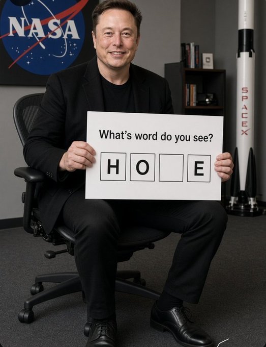 Elon Musk sits in a chair holding a sign that reads "What's word do you see?" with the letters "H O [blank] E" in boxes, positioned in front of a NASA logo and a SpaceX rocket.
