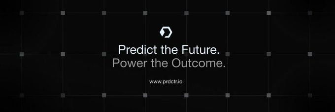 A minimalist dark promotional graphic for PRDCT.io with the tagline 'Predict the Future. Power the Outcome.' and a hexagonal logo.