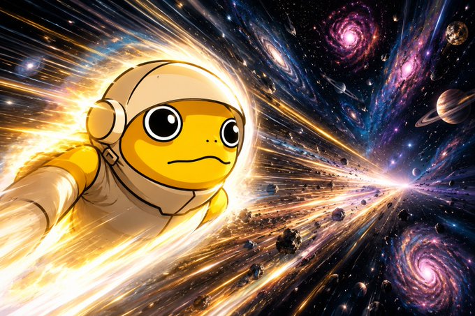 A digital anime-style illustration of a yellow frog-like character in a spacesuit flying through a vibrant, colorful space scene filled with galaxies, planets, and glowing speed lines.