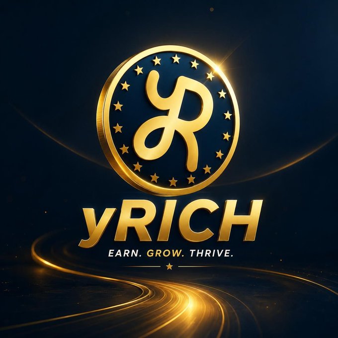 The image features a logo for a company named "yRICH" that stands out against a dark blue background with gold stars. The logo includes the words "yRICH", "Empower", "Grow", and "thrive". Below the logo, there is text that reads "Focus on what is in the image and how it relates to the post". This suggests that the company's main goal or message might be related to financial empowerment, growth, and thriving.