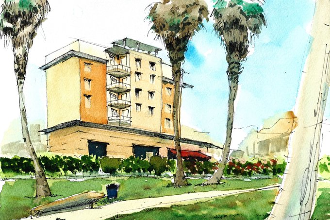 A watercolor and ink urban sketch of a multi-story apartment building with orange and beige tones, framed by palm trees, green lawn, and a sidewalk.