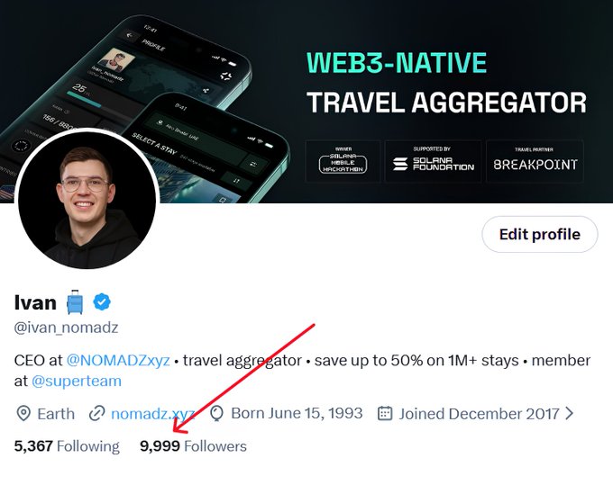 The image displays a Twitter profile for "Ivan" (@ivan_nomadz), CEO at @NOMADZxyz, with 9,999 Followers highlighted by a red arrow, paired with a promotional banner for the Web3-native travel aggregator NOMADZ. This relates to the post "10K loading..." by celebrating Ivan being just one follower away from reaching the 10,000 follower milestone.
