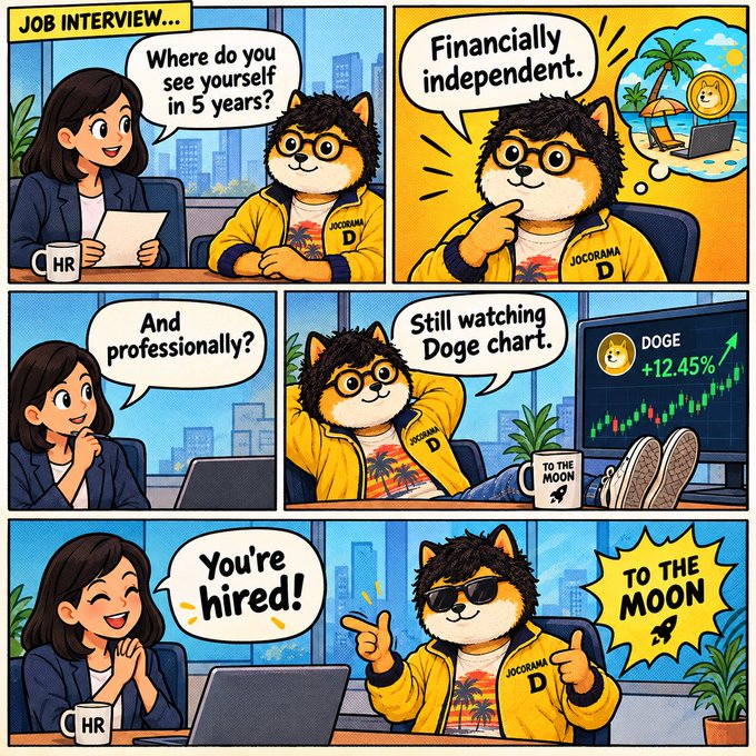 A comic strip titled 'JOB INTERVIEW...' depicting a Shiba Inu in a 'JOCORAMA' jacket being interviewed by HR, daydreaming about being 'Financially independent' while 'Still watching Doge chart' showing +12.45%, ending with 'You're hired!' and 'TO THE MOON'.