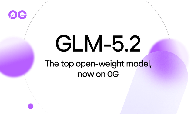 The image features a white background with purple circles scattered throughout. The text "GLM-5.2" is written in black, and it appears that the circles are randomly placed around the text. Below this information, there's a description of the model, stating that it is an open-weight model currently live on 0G.