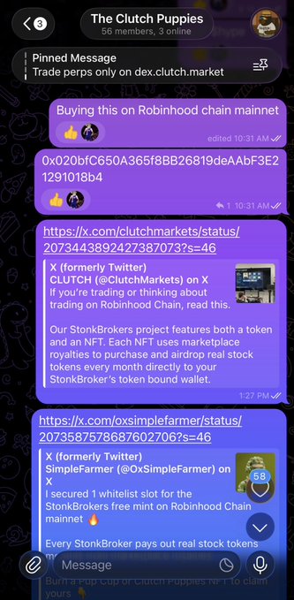A screenshot of the "Clutch Puppies" Telegram group chat showing messages about trading perps on dex.clutch.market, a Robinhood chain mainnet wallet address (0x020bfC650A365f8BB26819deAAbf3E21291018b4), and promotional posts for the StonkBrokers NFT project on X by @ClutchMarkets and @0xSimpleFarmer. The chat relates to the accompanying post by highlighting a community member's prior success calling $CASHCAT (80x gain) and now promoting StonkBrokers as the next potential breakout NFT project on Robinhood Chain.