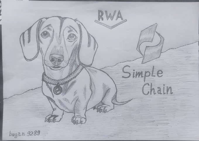 The image features a black and white sketch of a dachshund dog sitting on its hind legs, with a "Simple Chain" logo in the background. The text above the dog reads "SimpleChain", which is related to the post about Simple Chain RWA. The post discusses how Simple Chain RWA is a blockchain platform that supports tokenizing real assets and offers high speed, scalability, and regulatory compliance for developers and users.