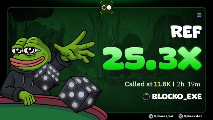 A Pepe meme graphic showing a green frog character in a hoodie with dice, advertising a referral code 'BLOCKO_EXE' with 'REF 25.3X Called at 11.6K | 2h, 19m' and social handles @phanes.bot.