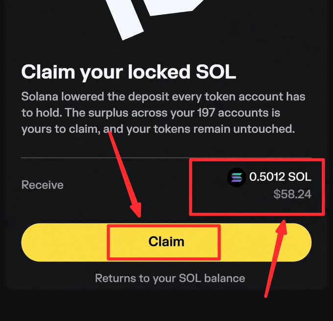 A digital interface prompting 'Claim your locked SOL' with text explaining Solana lowered deposit requirements, showing 0.5012 SOL ($58.24) and red arrows pointing to the Claim button.