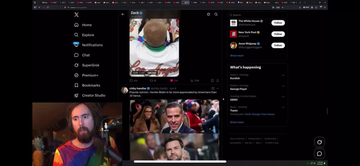 The image shows a computer screen with various social media posts displayed, including a photo of a man wearing a rainbow shirt and a caption that reads "Mr @Asmongold loves the THICCER TICKER SPROTOS IN CONTROL HarryPotterObamaSonic10Inu ticker $BITCOIN FOREVER". The post is about a person named Mr @Asmongold who loves the THICCER TICKER SPORTS IN CONTROL.
