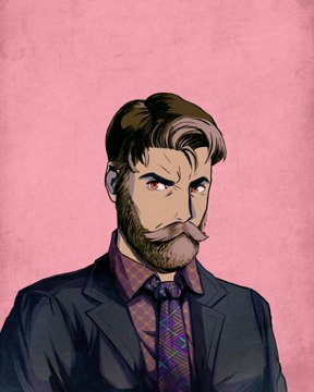 A digital illustration of a bearded man in a suit and tie with a pink background.