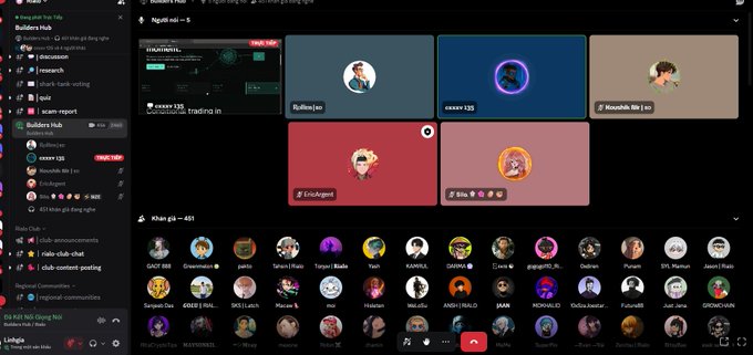 A Discord or similar messaging application interface shows a voice call in progress with multiple participants displayed as circular avatars.
