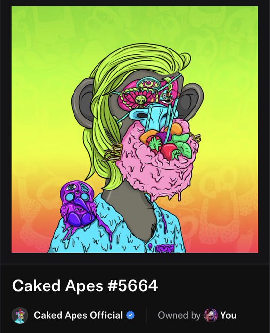 NFT profile screenshot displaying Caked Apes #5664, a surreal illustration of a monkey with a floral beard, a melting purple creature, and a vibrant yellow-green background.