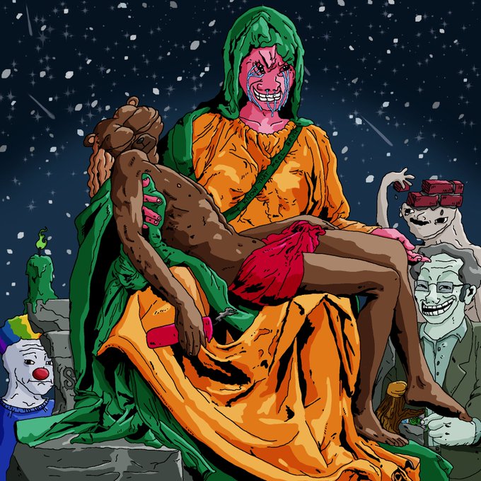 A stylized cartoon illustration depicting a mother holding a child in a green and orange cloak, surrounded by creepy figures against a starry night sky.
