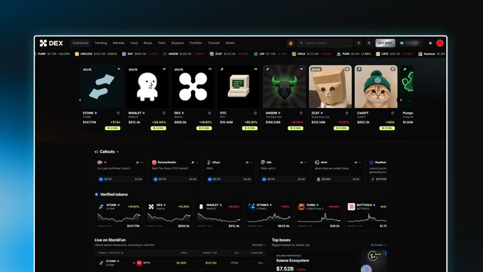 DEX Dashboard displaying cryptocurrency prices and trading data, featuring tokens like STRK, MANEKI, GEX, OTC, ANSEM, ZCATS, and others with various percentage changes.