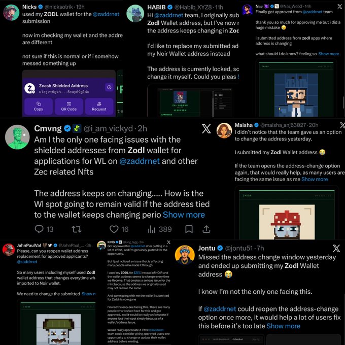 A collage of tweets from Zcash community members (Nicks, HABIB, Nax, Cmvnq, Maisha, JohnPaulVal, KING, Jontu) reporting issues with ZODL wallet's shielded addresses changing during ZaddrNet ($ZEC) whitelist submissions, despite their applications being approved. The post highlights how applicants are locked out since their submitted addresses no longer match their current wallet addresses, with users requesting the ZaddrNet team to reopen the address-change window.
