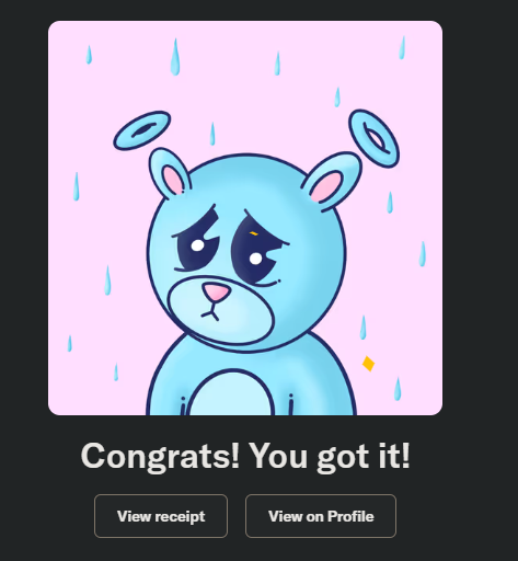 The image features a cartoon bear sitting against a pink background with raindrops falling from the sky. The bear appears sad or upset, possibly due to the rainy weather. Below the bear, there's text that congratulates the viewer for getting an item on the post and encourages them to view the profile of the person who sent it.