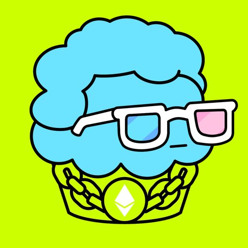 A cartoon illustration of a blue frosted cupcake character wearing white glasses and a gold chain with an Ethereum (ETH) logo medallion, set against a yellow background.