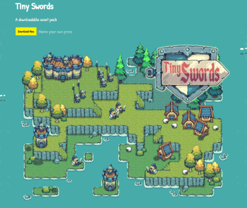 The image shows a screenshot of a video game map for Tiny Swords. The map displays various elements such as buildings, trees, and other objects that make up the game's environment. There are also text elements present, including a price tag for an asset pack and a description of what is included in the pack. The post suggests that there is a 15-30 dollar asset pack available to download, which can be used to build a game based on Tiny Swords.