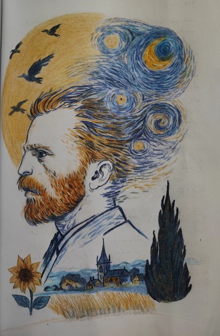 A colored pencil artwork titled "Blue Spirit" (edition 2/2) features a profile portrait of a red-bearded man whose flowing hair transforms into Van Gogh's iconic swirling "Starry Night" sky, accompanied by crows, a sunflower, and a small village with a church. The piece blends impressionist elements into a surreal tribute to Van Gogh's artistic legacy.