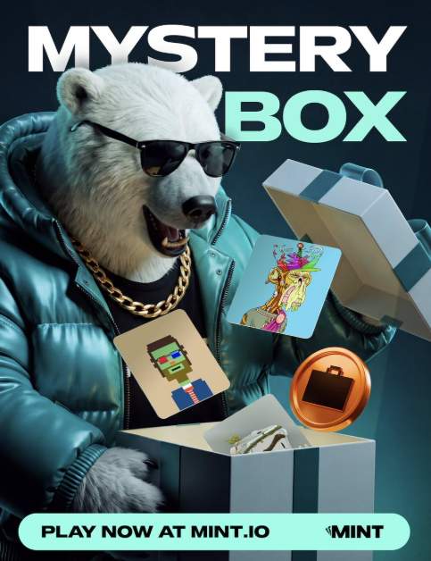 A stylized ad featuring a sunglasses-wearing polar bear in a teal puffer jacket and gold chain holding open a glowing teal mystery box containing NFT collectibles and a briefcase icon, with bold text reading "MYSTERY BOX" at the top and "PLAY NOW AT MINT.IO" alongside the "MINT" logo at the bottom. The image visually represents the Mystery Box mechanic teased in the post, where MintABear NFT holders receive randomized drops including MAYC, other NFTs, or $MNTD tokens.