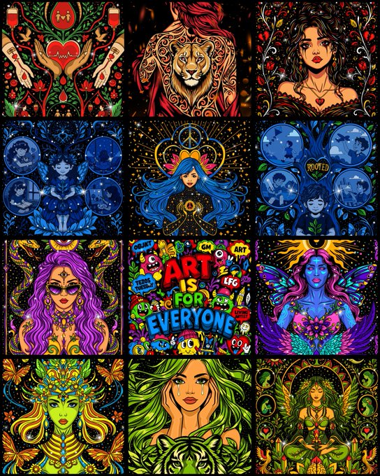 A 4x3 grid of twelve vibrant, psychedelic digital artworks featuring mystical female figures, cosmic and nature-themed imagery, with one panel boldly declaring "ART IS FOR EVERYONE." The collection exemplifies the artist's expressive style shared as part of a Tezos NFT Tuesday post seeking support through @TransientLabs and @objktcom.