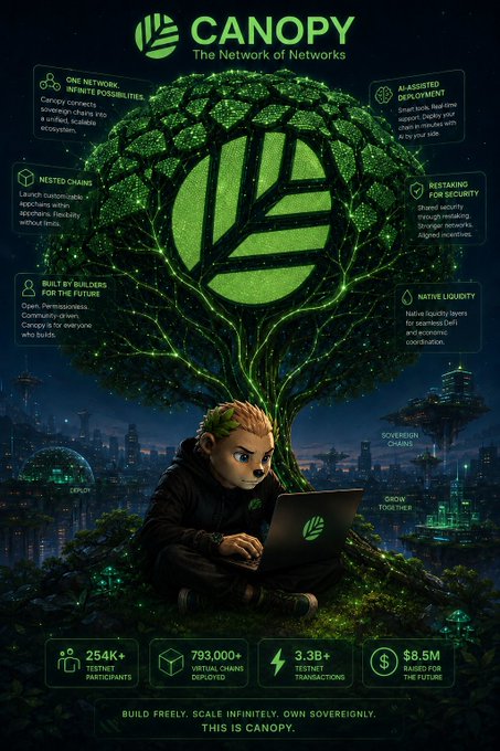 The image is a promotional infographic for "CANOPY - The Network of Networks," featuring a character with a laurel wreath coding on a laptop beneath a glowing green tree, highlighting features like Nested Chains, Native Liquidity, AI-Assisted Deployment, and One Network Infinite Possibilities, with metrics showing 254K+ testnet participants, 793,000+ virtual chains deployed, 3.3B+ testnet transactions, and $8.5M raised. The caption relates to the post by illustrating Canopy's vision of providing an intuitive, scalable Web3 environment with AI-assisted deployment, addressing the challenge of making blockchain development accessible without requiring developers to "relearn from scratch."
