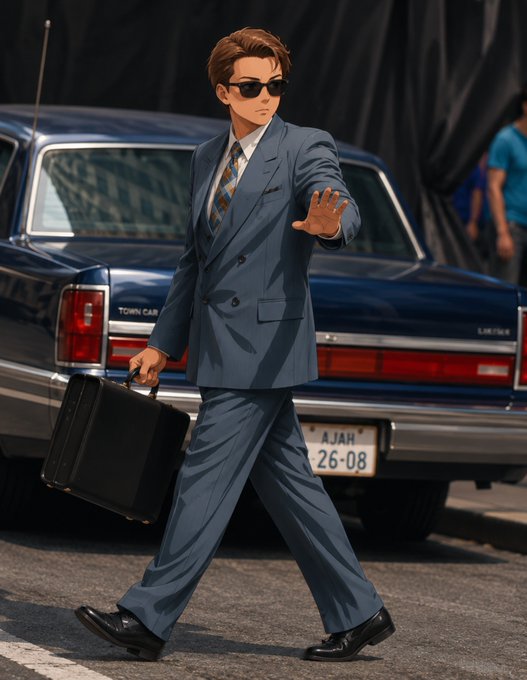 An anime-style man in a blue suit and sunglasses walks confidently past a vintage Lincoln Town Car (license plate "AJAH 26-08") while raising one hand in a "stop" gesture and carrying a briefcase in the other. The image visually reinforces the post's message of staying calm and trusting the process during financial struggles, symbolizing composure, control, and the poised arrival of a new opportunity.