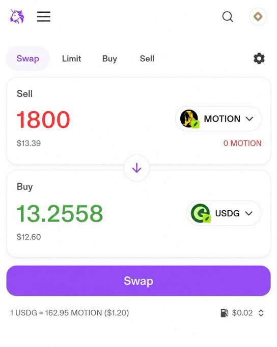 A cryptocurrency swap interface showing a sell order of 1800 MOTION (~$13.39) for 13.2558 USDG (~$12.60), with an exchange rate of 1 USDG = 162.95 MOTION. The image illustrates actively using the $MOTION token via a swap transaction, reinforcing the post's call to engage with the Motion ecosystem through real interaction rather than passive posting.