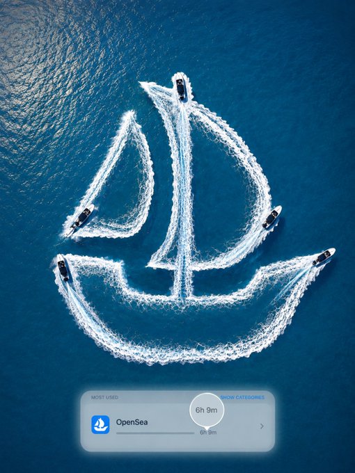 Four boats draw an anchor-shaped wake on the blue ocean surface, with an iOS App Store widget overlay at the bottom showing "OpenSea" as the "Most Used" app at "6h 9m." The nautical imagery cleverly visualizes the post's surprise at spending nearly 6 hours daily on OpenSea, with the anchor symbolizing how deeply embedded the platform has become in the user's daily routine.