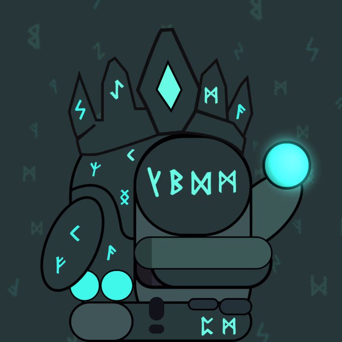 A dark digital drawing features a cartoon character with a crown, covered in glowing cyan runic symbols, holding a glowing orb.